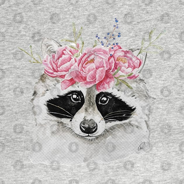 Cute Raccoon with Flower Headband by Wanderlust Creative Lab